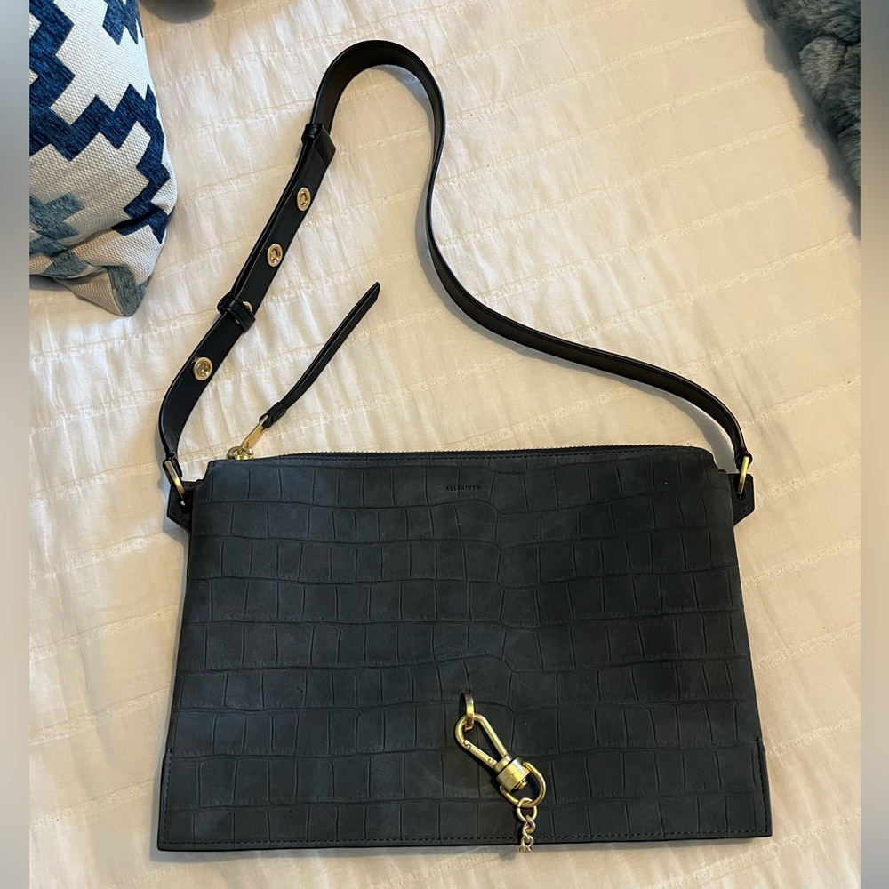 Brand New AllSaints Sheringham Suede Shoulder Bag in “petrol blue”